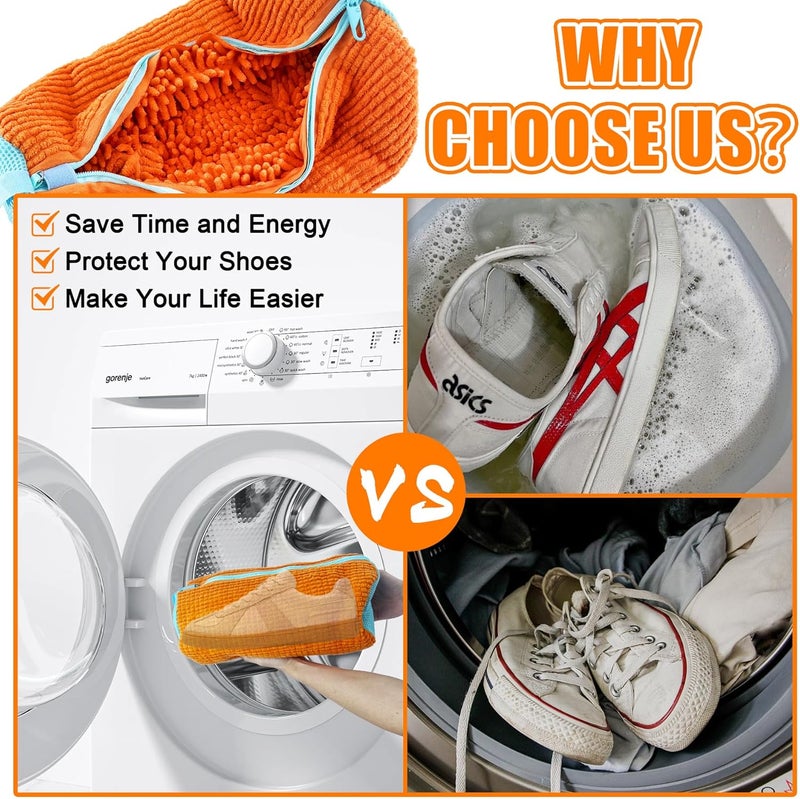 CNEYSID XXL Shoe Washing Machine Bag - 2-Pack Reusable Shoes Cleaning Bags, 360° Deep Clean for Sneakers, Tennis Shoes, and Slippers, Includes 2 Shoe Storage Dust Bags (Orange) - Image 5